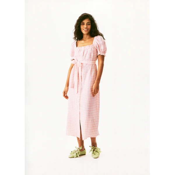 The Sleeper Brigitte Linen Midi Dress in Pink vichy, view 6