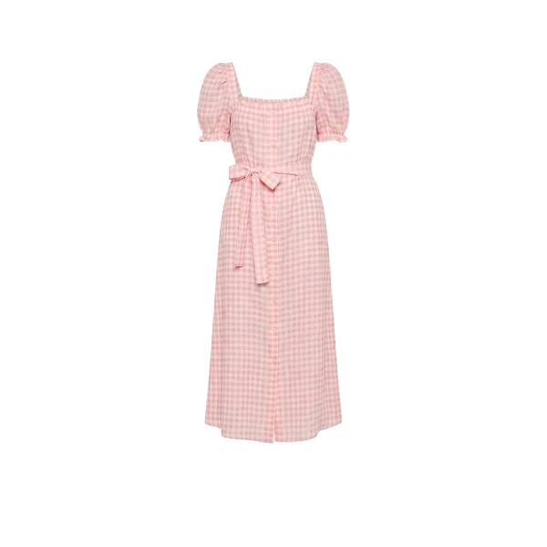 The Sleeper Brigitte Linen Midi Dress in Pink vichy