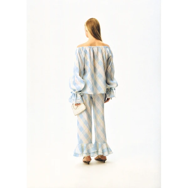 The Sleeper Cha-Cha Linen Lounge Pants with Headscarf in Blue Plaid, view 2