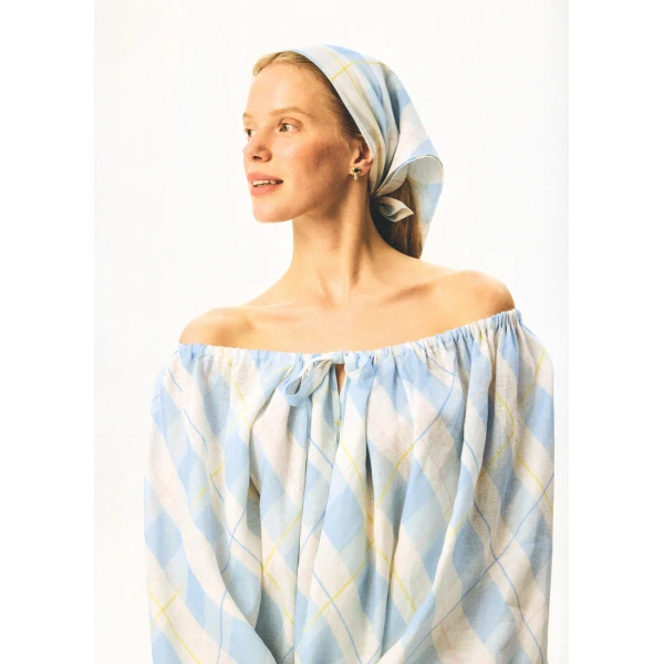 The Sleeper Cha-Cha Linen Lounge Pants with Headscarf in Blue Plaid, view 3