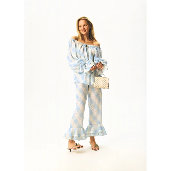 The Sleeper Cha-Cha Linen Lounge Pants with Headscarf in Blue Plaid, view 4