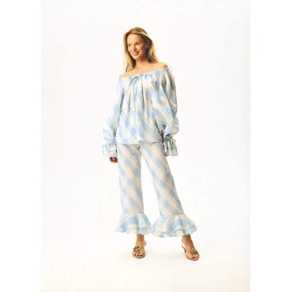 The Sleeper Cha-Cha Linen Lounge Pants with Headscarf in Blue Plaid, view 5