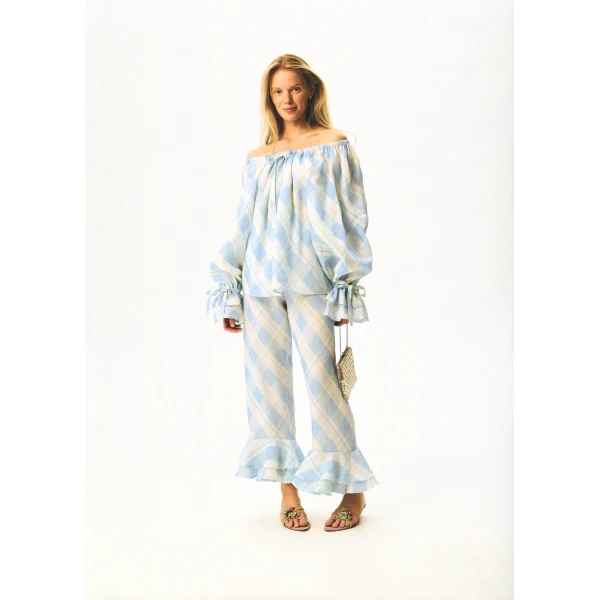 The Sleeper Cha-Cha Linen Lounge Pants with Headscarf in Blue Plaid, view 6