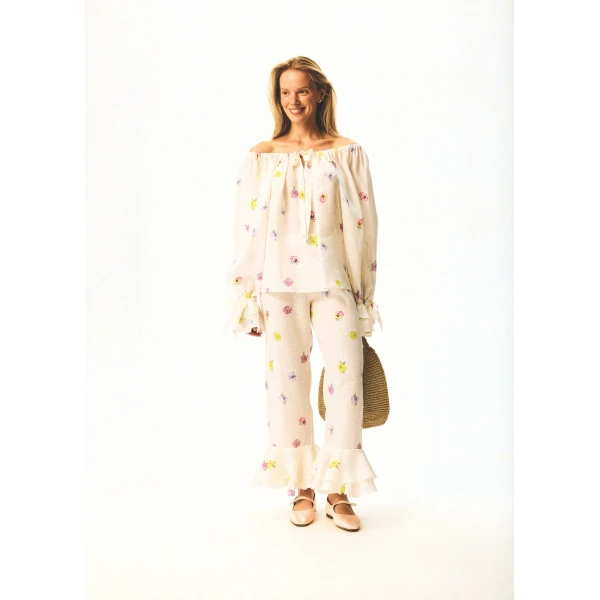The Sleeper Cha-Cha Linen Lounge Pants with Headscarf in Pansies, view 5