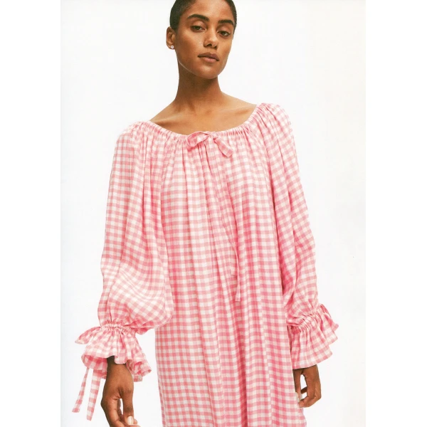 The Sleeper Cha-Cha Linen Maxi Dress in Pink Vichy with Hair Ribbon, view 2