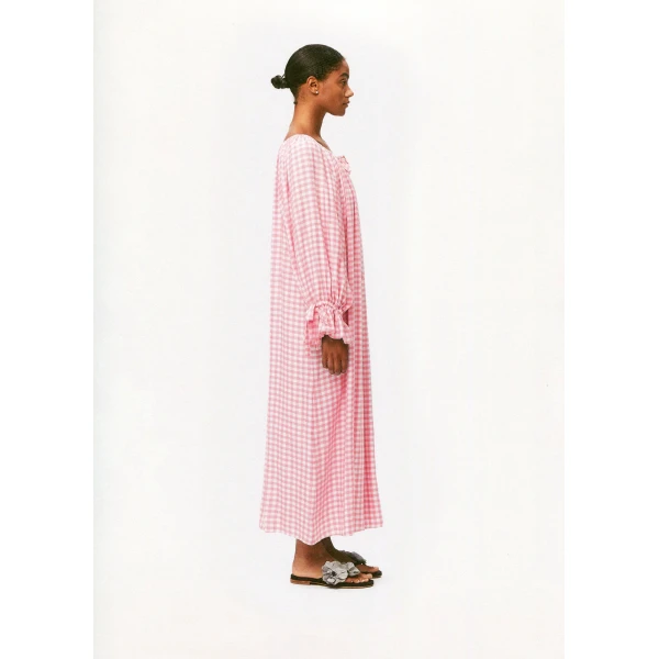 The Sleeper Cha-Cha Linen Maxi Dress in Pink Vichy with Hair Ribbon, view 3