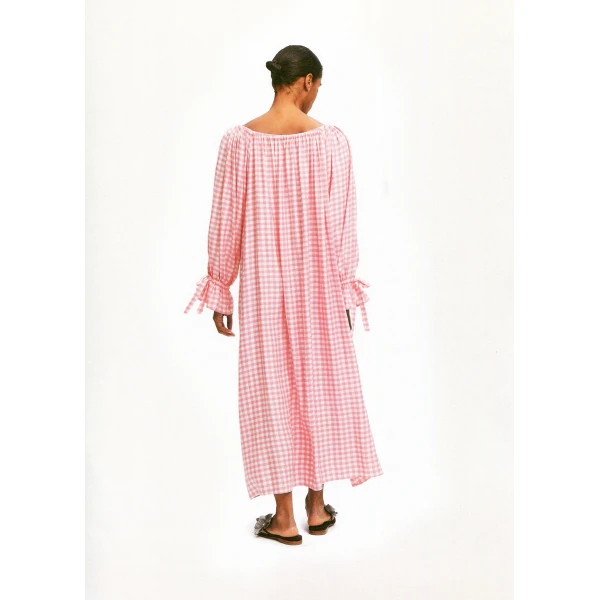 The Sleeper Cha-Cha Linen Maxi Dress in Pink Vichy with Hair Ribbon, view 4