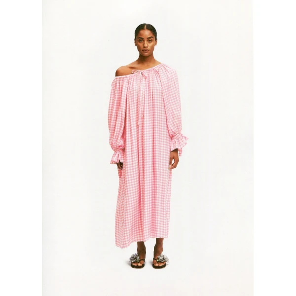 The Sleeper Cha-Cha Linen Maxi Dress in Pink Vichy with Hair Ribbon, view 5