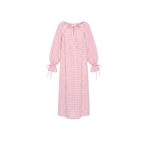 The Sleeper Cha-Cha Linen Maxi Dress in Pink Vichy with Hair Ribbon