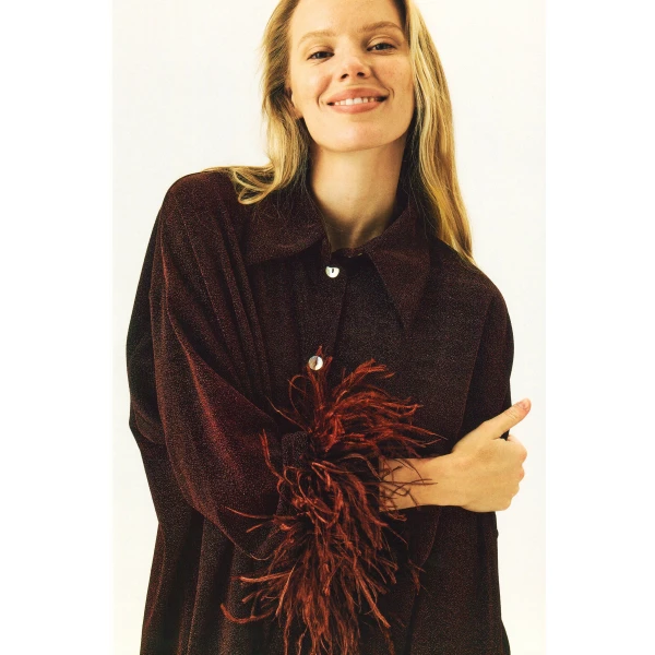 The Sleeper Cosmos Oversized Lurex Pajama Set in Burgundy, view 2