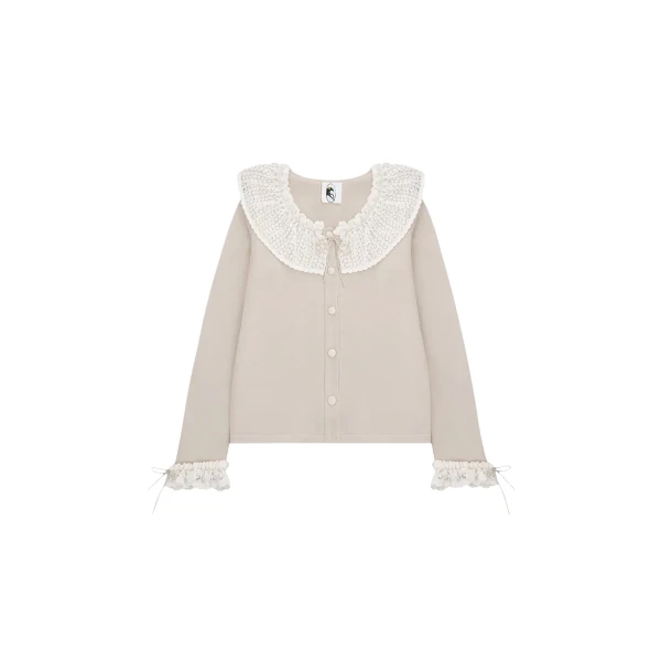 The Sleeper Malena Knitted Cardigan with Lace Collar in Beige