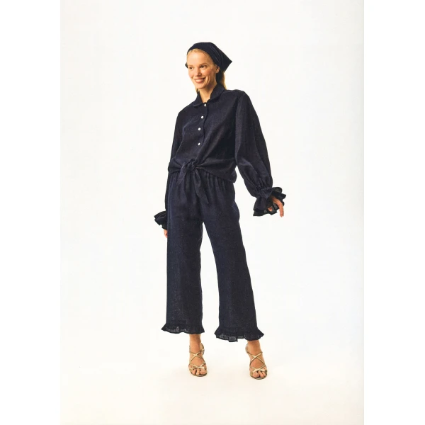 The Sleeper Puff Linen Lounge Pants with Headscarf in Navy, view 3