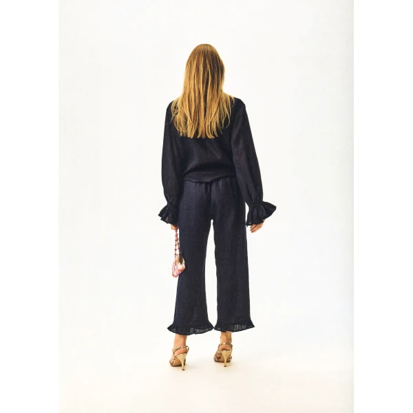 The Sleeper Puff Linen Lounge Pants with Headscarf in Navy, view 4