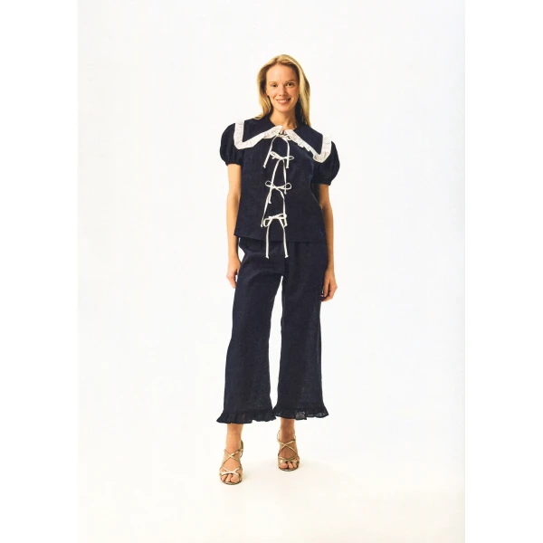 The Sleeper Puff Linen Lounge Shirt in Navy, view 2