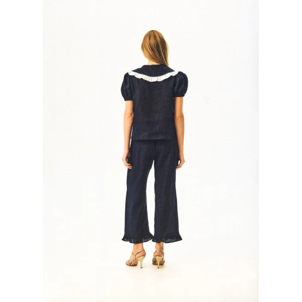 The Sleeper Puff Linen Lounge Shirt in Navy, view 4