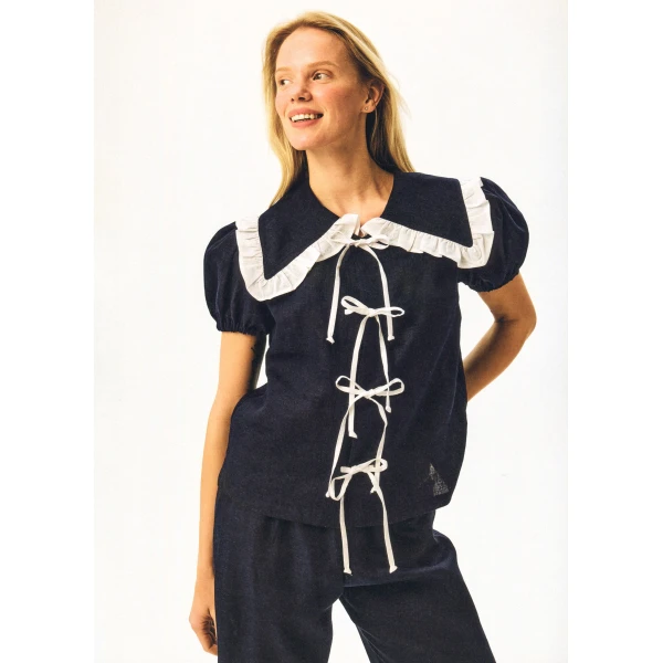 The Sleeper Puff Linen Lounge Shirt in Navy, view 5