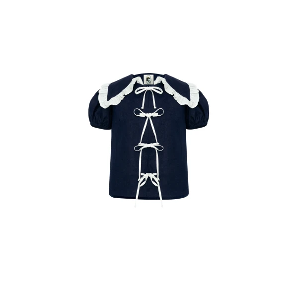 The Sleeper Puff Linen Lounge Shirt in Navy