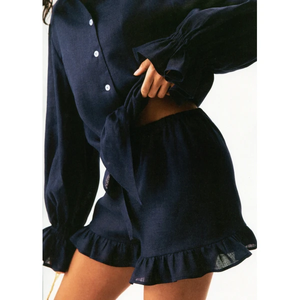The Sleeper Puff Linen Lounge Shorts with Headscarf in Navy, view 3