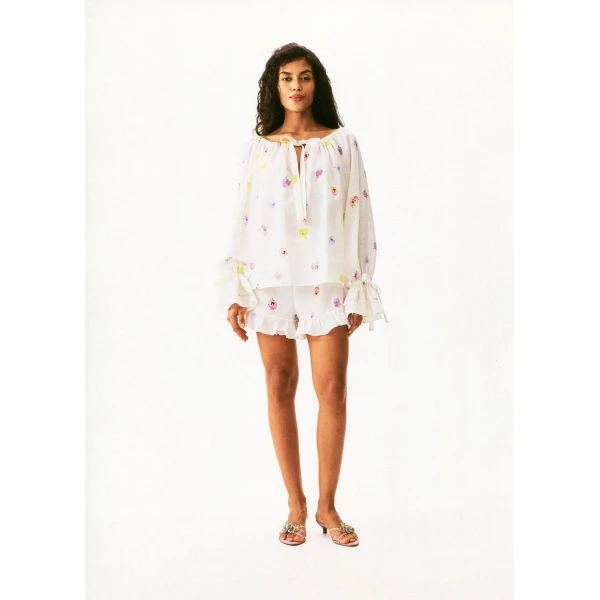 The Sleeper Puff Linen Lounge Shorts with Headscarf in Pancies, view 2