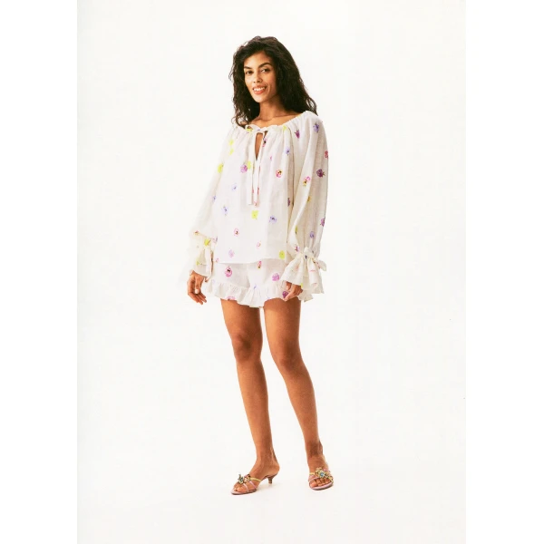 The Sleeper Puff Linen Lounge Shorts with Headscarf in Pancies, view 5