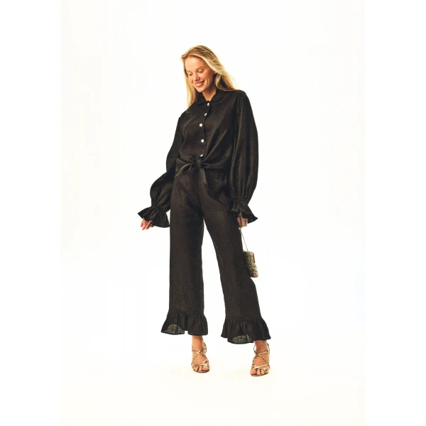 The Sleeper Rumba Linen Lounge Set with Headscarf in Black, view 4