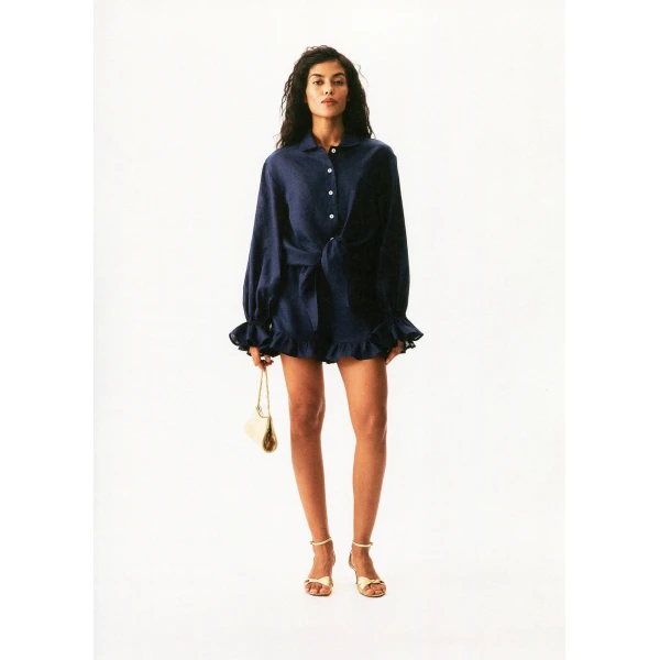The Sleeper Rumba Linen Lounge Shirt in Navy, view 2