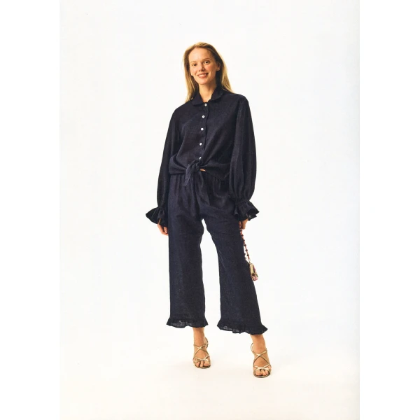 The Sleeper Rumba Linen Lounge Shirt in Navy, view 4