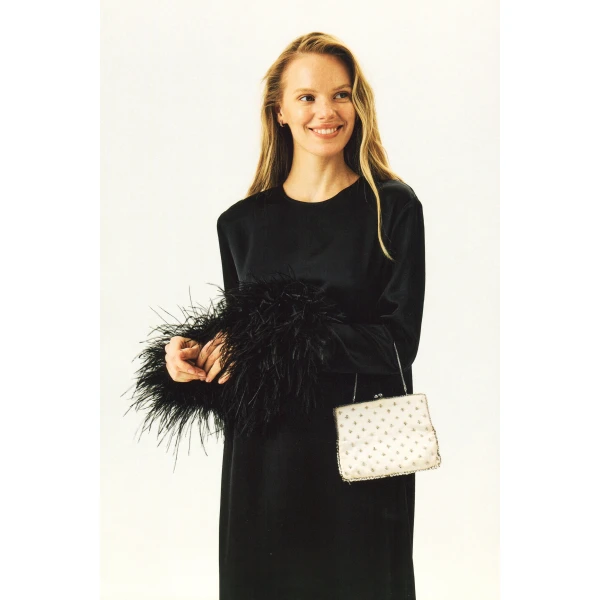 The Sleeper Suzi Maxi Dress with Detachable Feathers in Black, view 2