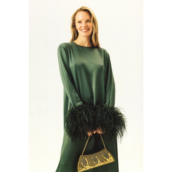 The Sleeper Suzi Maxi Dress with Detachable Feathers in Green, view 2
