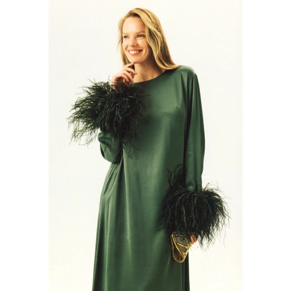 The Sleeper Suzi Maxi Dress with Detachable Feathers in Green, view 3