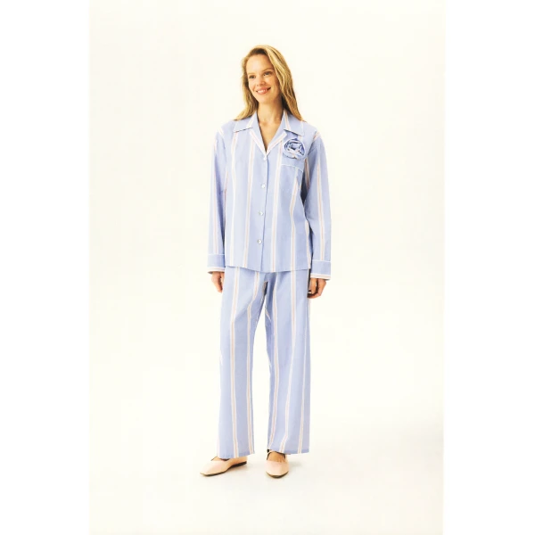 The Sleeper The Rose Cotton Pajama Set in Blue Stripes, view 3