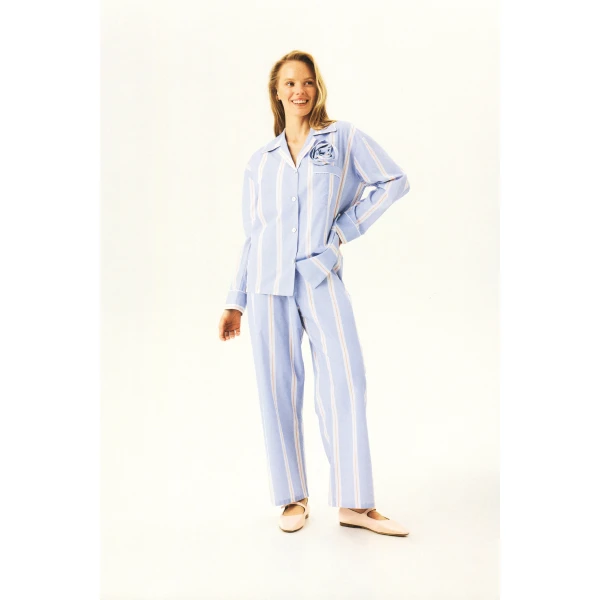 The Sleeper The Rose Cotton Pajama Set in Blue Stripes, view 6