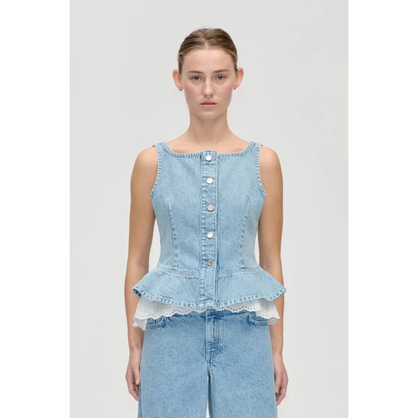 Stine Goya Boatneck Frill Buttoned Top in Denim Blue, view 2