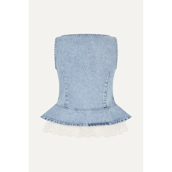Stine Goya Boatneck Frill Buttoned Top in Denim Blue, view 3