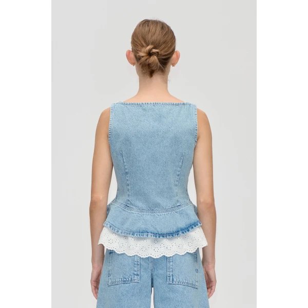 Stine Goya Boatneck Frill Buttoned Top in Denim Blue, view 4