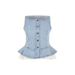 Stine Goya Boatneck Frill Buttoned Top in Denim Blue