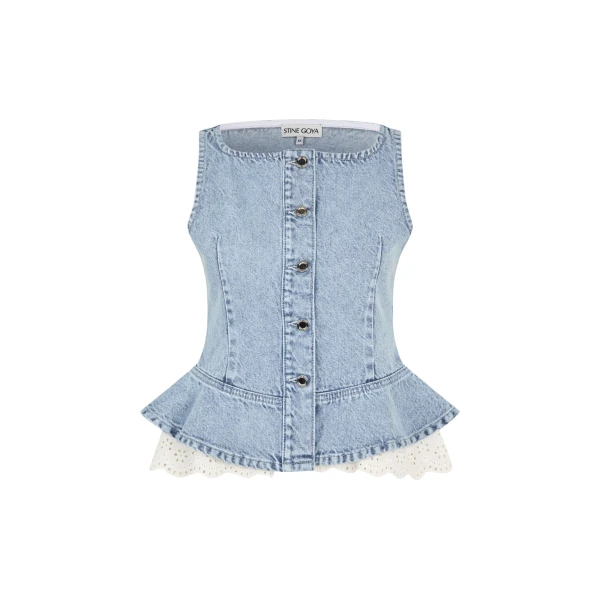 Stine Goya Boatneck Frill Buttoned Top in Denim Blue