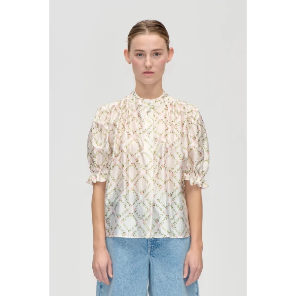 Stine Goya Gathered Top in Sakura Check Pink, view 2