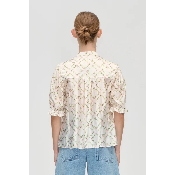 Stine Goya Gathered Top in Sakura Check Pink, view 4