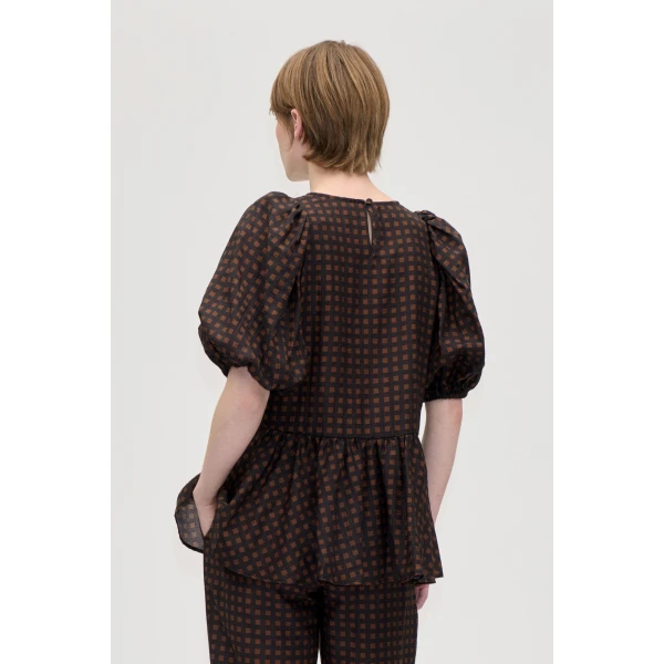 Stine Goya Puff Sleeve Peplum Top in Morgensol Checks, view 3