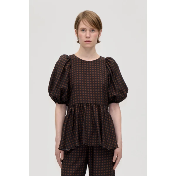 Stine Goya Puff Sleeve Peplum Top in Morgensol Checks, view 4