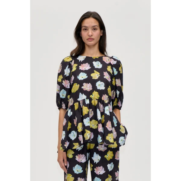 Stine Goya Puff Sleeve Peplum Top in Morgensol Poppies, view 4