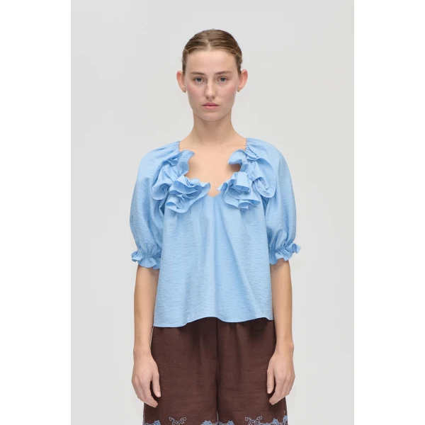 Stine Goya Puff Sleeve Top With Flower Details in Bel Air Blue, view 2