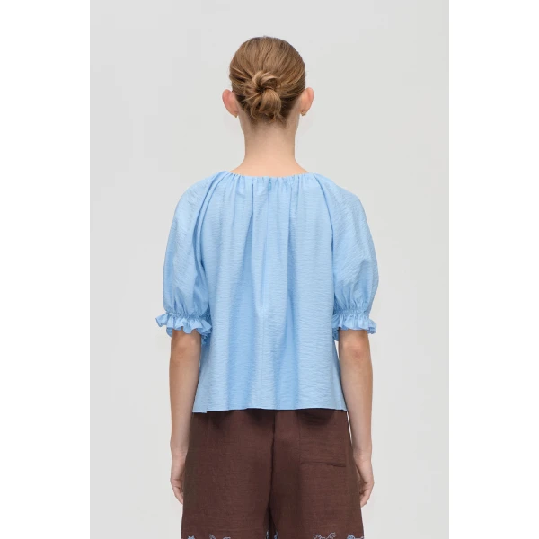 Stine Goya Puff Sleeve Top With Flower Details in Bel Air Blue, view 4