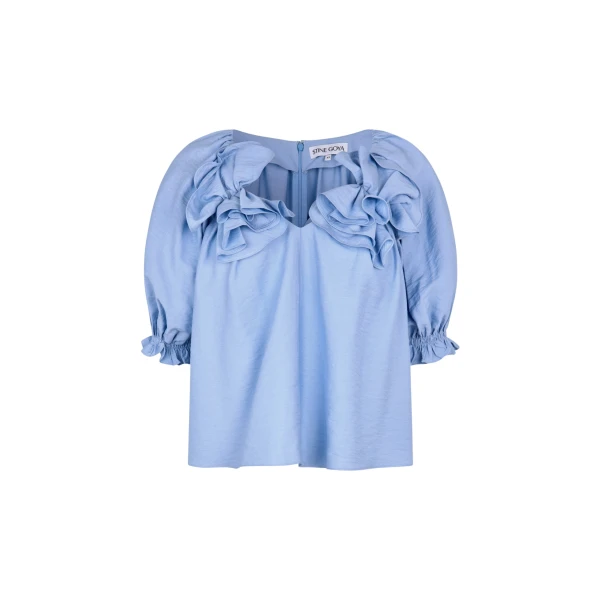 Stine Goya Puff Sleeve Top With Flower Details in Bel Air Blue