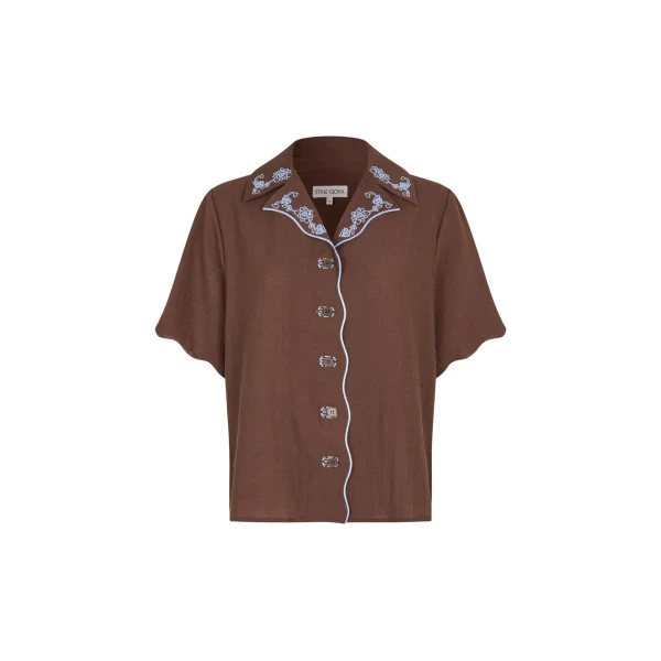 Stine Goya Scalloped Short Sleeve Shirt in Roses Embroidery