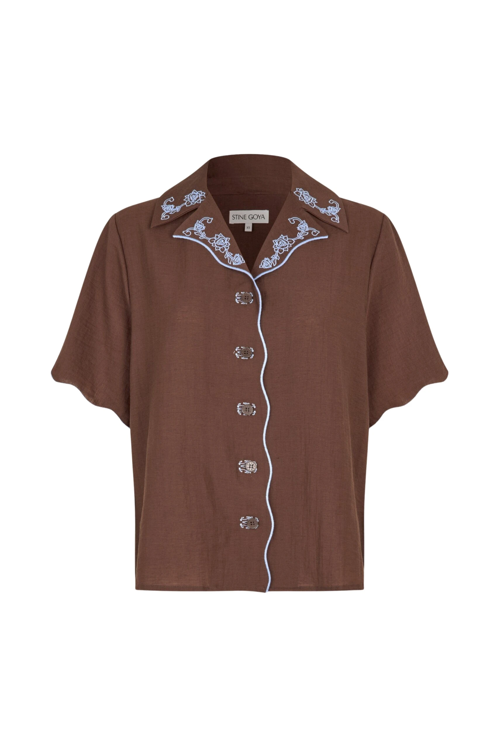 Stine Goya Scalloped Short Sleeve Shirt in Roses Embroidery