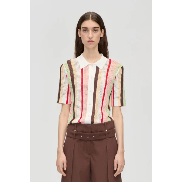 Stine Goya Short Sleeve Crochet Polo in Baseball Pinstripes, view 2
