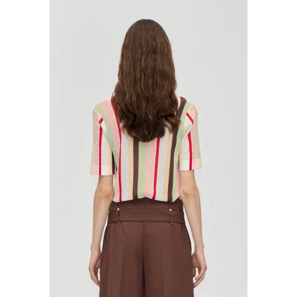 Stine Goya Short Sleeve Crochet Polo in Baseball Pinstripes, view 4