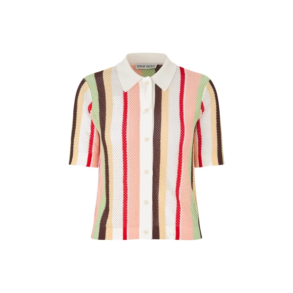 Stine Goya Short Sleeve Crochet Polo in Baseball Pinstripes